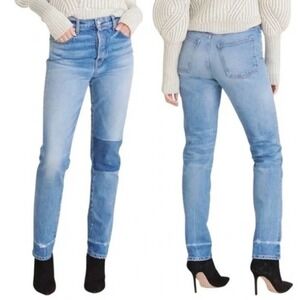 Veronica Beard Ryleigh High Rise Slim Straight Patched Jeans Blue Inseam 28”